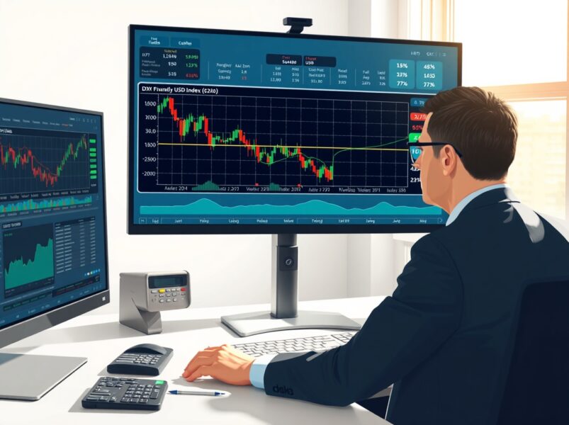 Financial analyst reviewing HSBC's USD volatility and weaker trend forecast on trading screens.