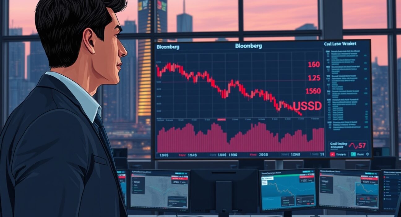 Financial analyst monitoring USD currency decline following geopolitical ceasefire announcements affecting forex markets.