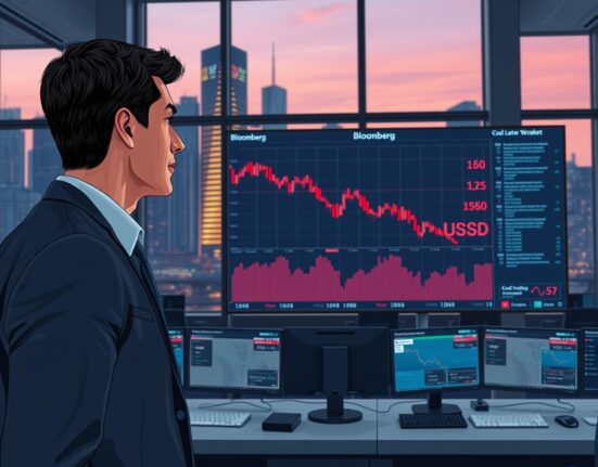 Financial analyst monitoring USD currency decline following geopolitical ceasefire announcements affecting forex markets.
