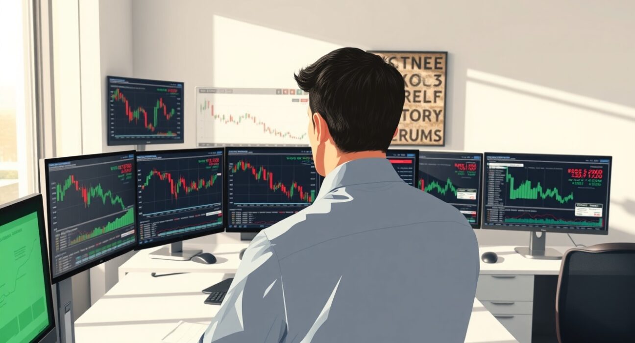 Financial analyst monitoring USD currency charts and Federal Reserve data for market analysis