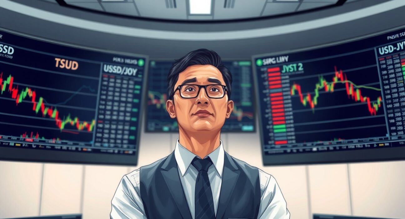 Financial analyst monitoring USD weakness and forex market movements amid changing geopolitical conditions.