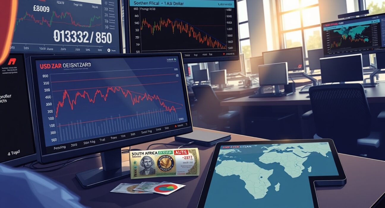 USD/ZAR exchange rate analysis showing Rand pressure amid geopolitical conflict on trading desk monitors