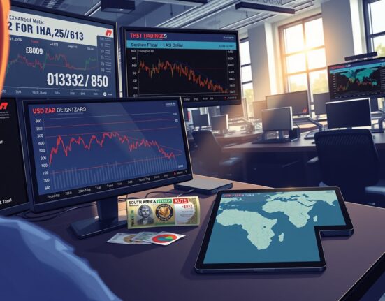 USD/ZAR exchange rate analysis showing Rand pressure amid geopolitical conflict on trading desk monitors