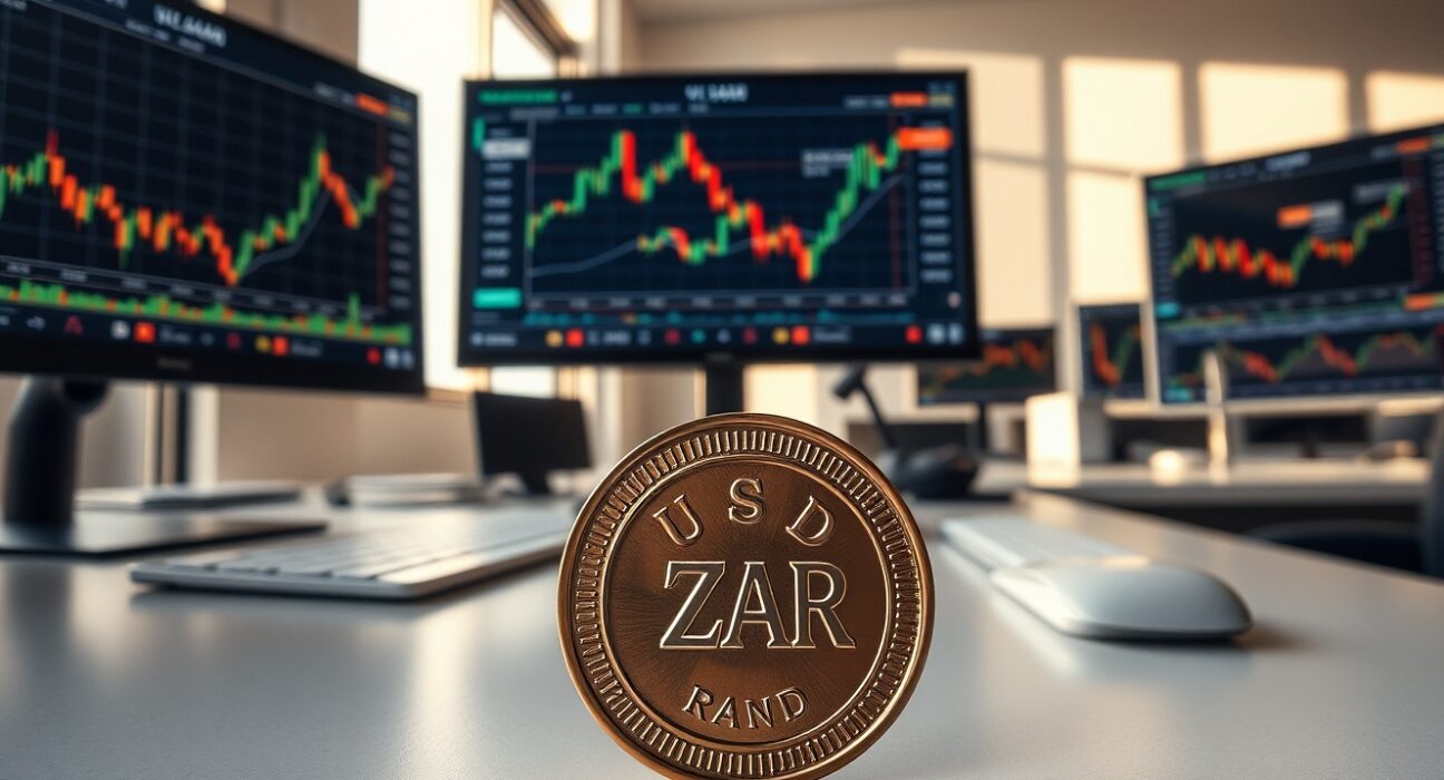 USD/ZAR and gold price analysis on trading desk showing South African Rand strength factors