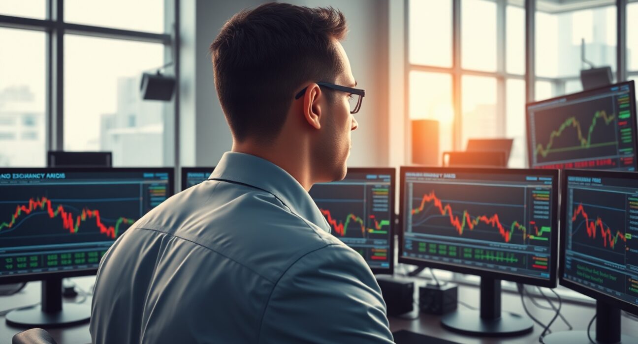 Financial trader analyzing USD/ZAR exchange rate decline on trading desk monitors