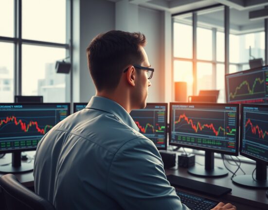 Financial trader analyzing USD/ZAR exchange rate decline on trading desk monitors