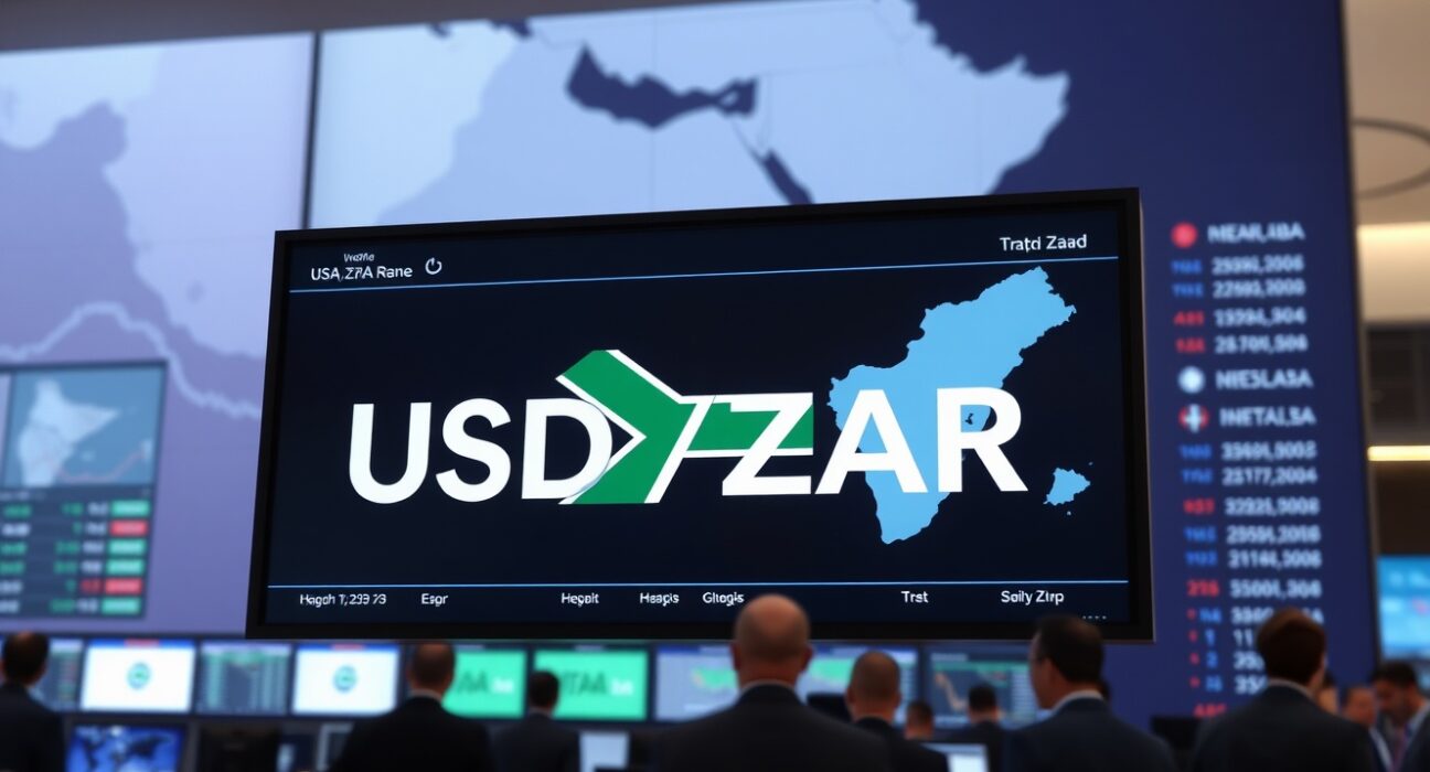 Digital trading screen showing USD/ZAR exchange rate with geopolitical map of Middle East in background