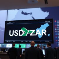 Digital trading screen showing USD/ZAR exchange rate with geopolitical map of Middle East in background
