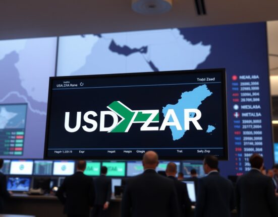 Digital trading screen showing USD/ZAR exchange rate with geopolitical map of Middle East in background