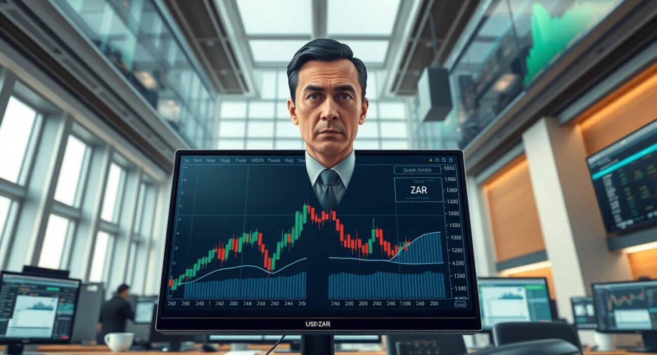 Trader analyzing USD/ZAR currency pair charts amid SARB monetary policy decisions and capital flow changes.