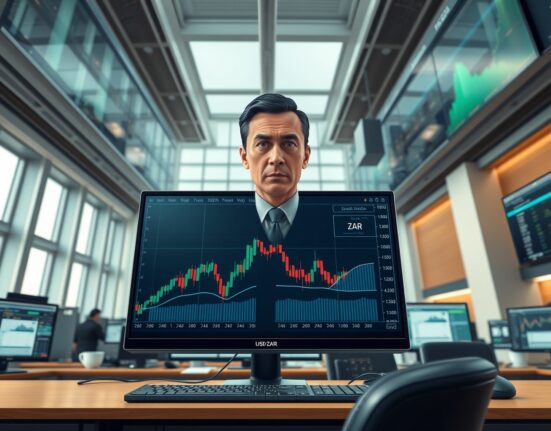 Trader analyzing USD/ZAR currency pair charts amid SARB monetary policy decisions and capital flow changes.