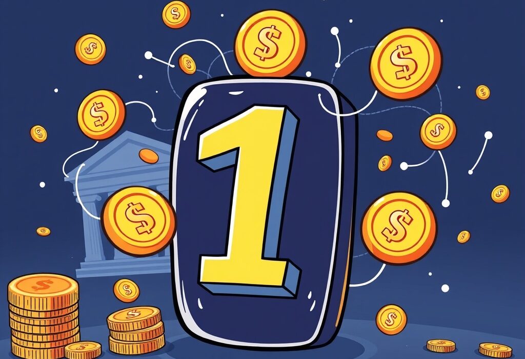 A cartoon illustration showing the innovative USD1 Points Program connecting financial services and crypto exchanges, symbolizing digital rewards and user benefits.