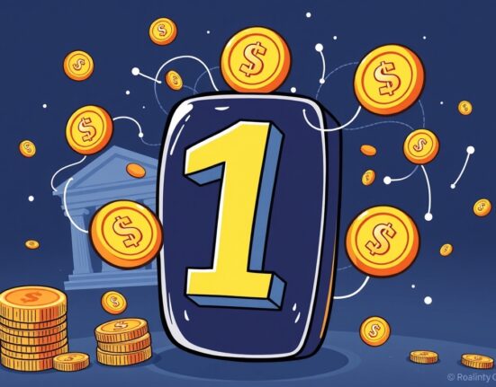 A cartoon illustration showing the innovative USD1 Points Program connecting financial services and crypto exchanges, symbolizing digital rewards and user benefits.