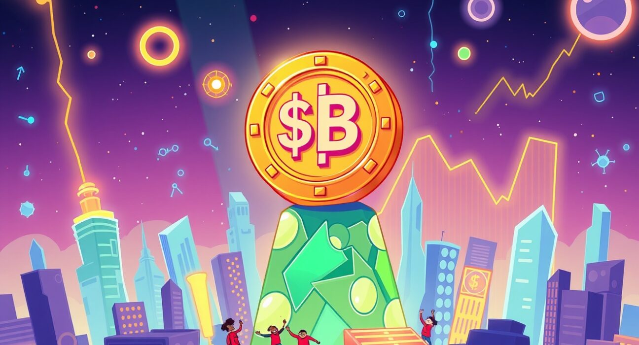 A vibrant cartoon celebrating the USD1 stablecoin's $3 billion market cap milestone in the digital finance world.