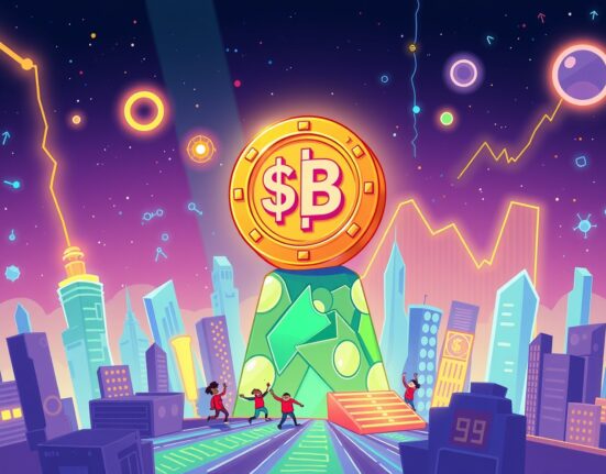 A vibrant cartoon celebrating the USD1 stablecoin's $3 billion market cap milestone in the digital finance world.