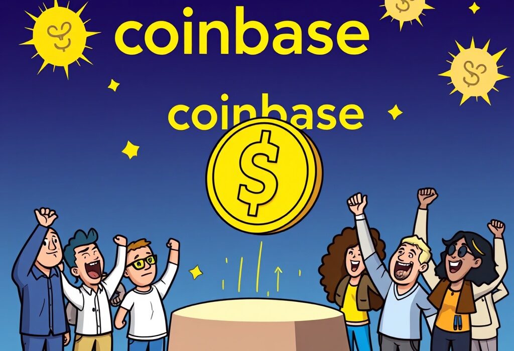 A cartoon image showing the launch of the USD1 stablecoin on Coinbase, signifying new opportunities for crypto users.