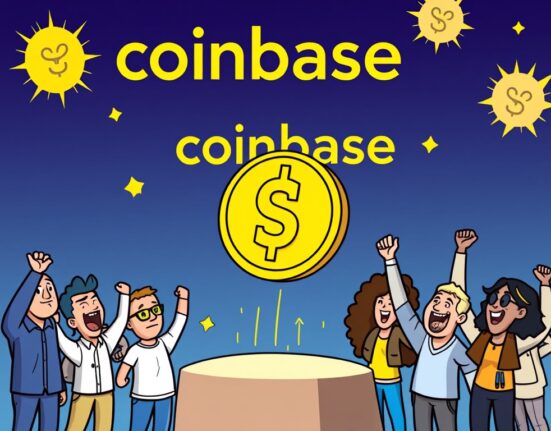 A cartoon image showing the launch of the USD1 stablecoin on Coinbase, signifying new opportunities for crypto users.