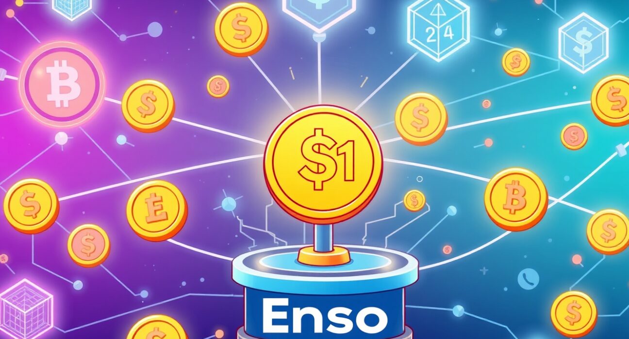 A cartoon network showing the USD1 stablecoin flowing across multiple blockchain platforms, powered by Enso's innovative technology.