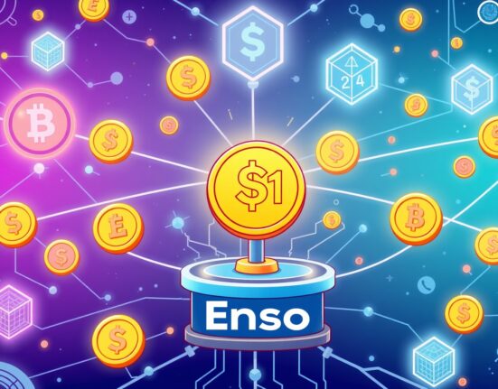 A cartoon network showing the USD1 stablecoin flowing across multiple blockchain platforms, powered by Enso's innovative technology.