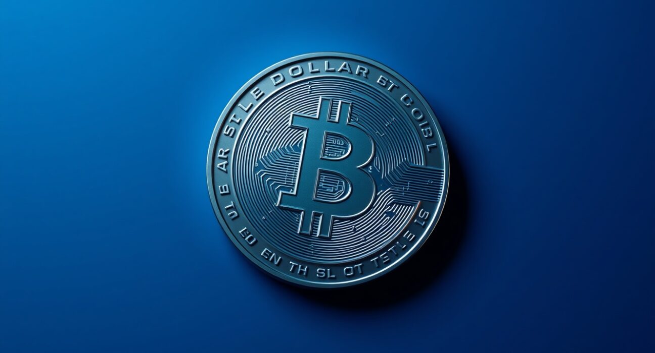 Digital representation of USD1 stablecoin with blockchain network background