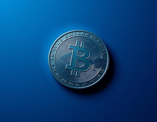 Digital representation of USD1 stablecoin with blockchain network background