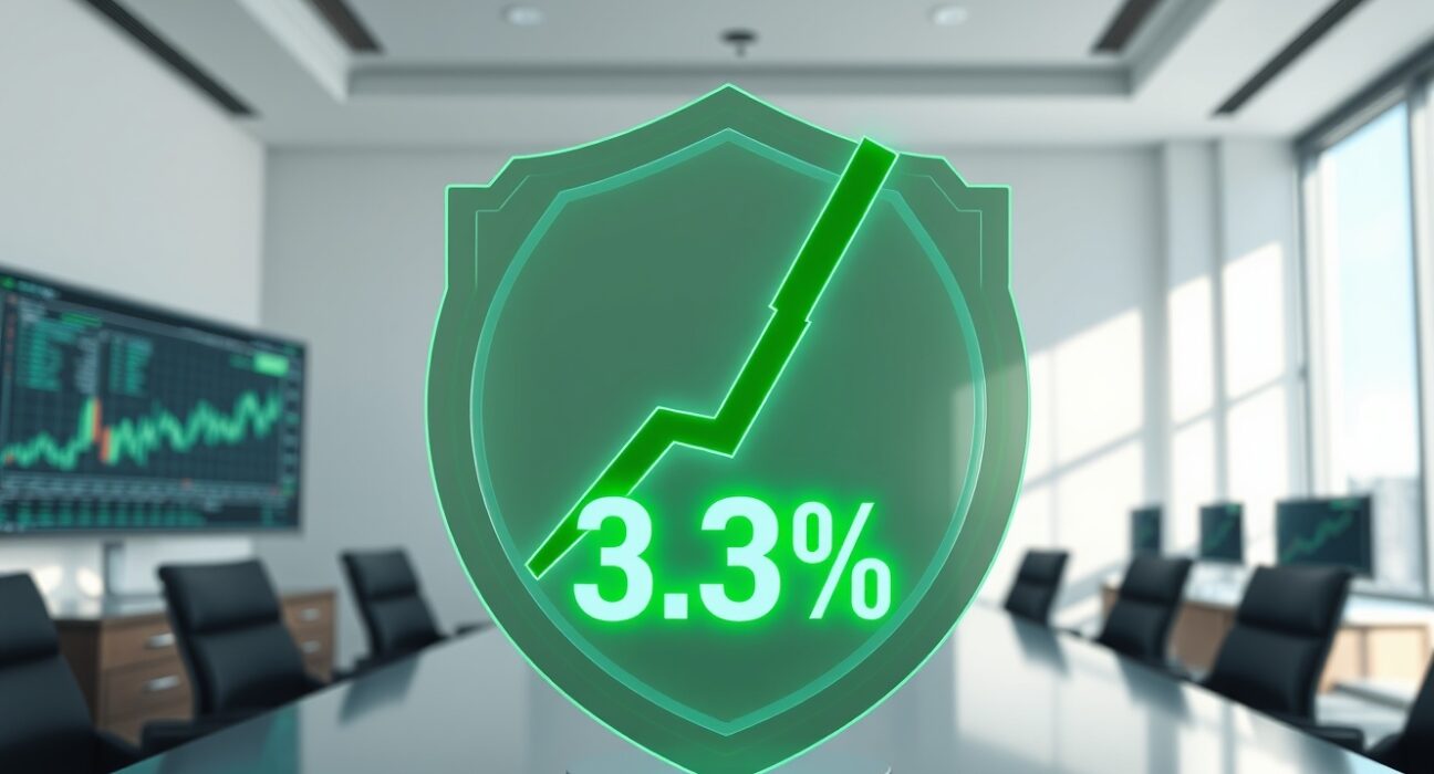 Digital interface showing CHIP token buyback of 3.39% with green upward arrow in a boardroom setting