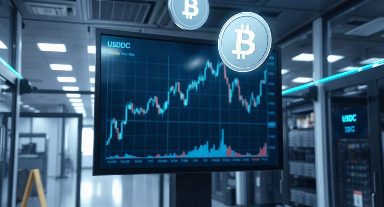 Digital display showing cryptocurrency charts and USDC stablecoin tokens on a trading floor