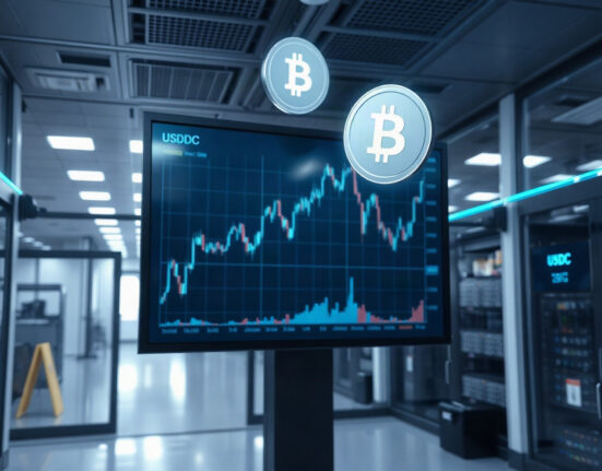 Digital display showing cryptocurrency charts and USDC stablecoin tokens on a trading floor