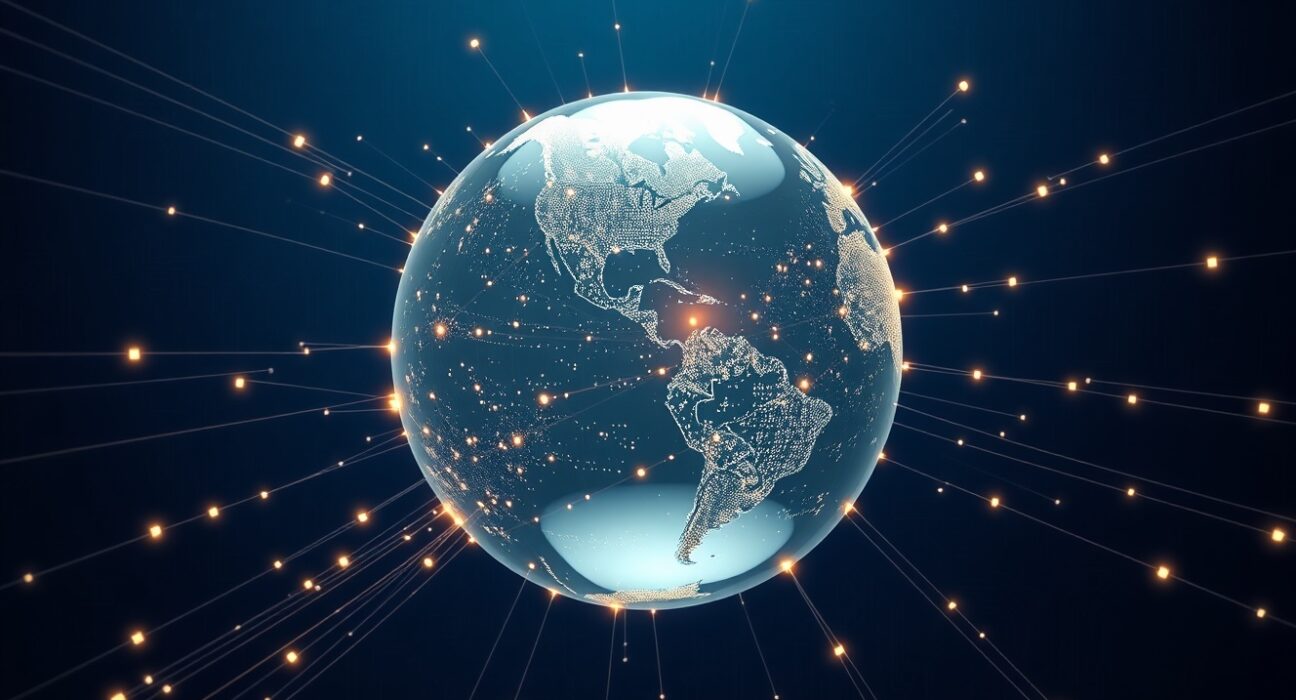 Global digital payment network processing USDC stablecoin transactions across continents.