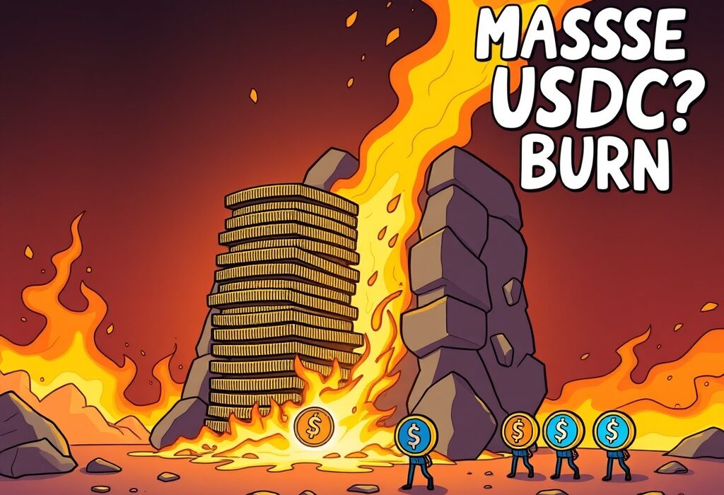 Cartoon illustration showing a large USDC burn event, symbolizing the removal of stablecoin supply from the crypto market.