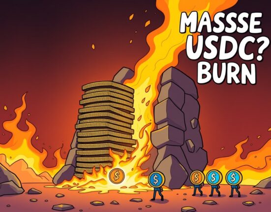 Cartoon illustration showing a large USDC burn event, symbolizing the removal of stablecoin supply from the crypto market.