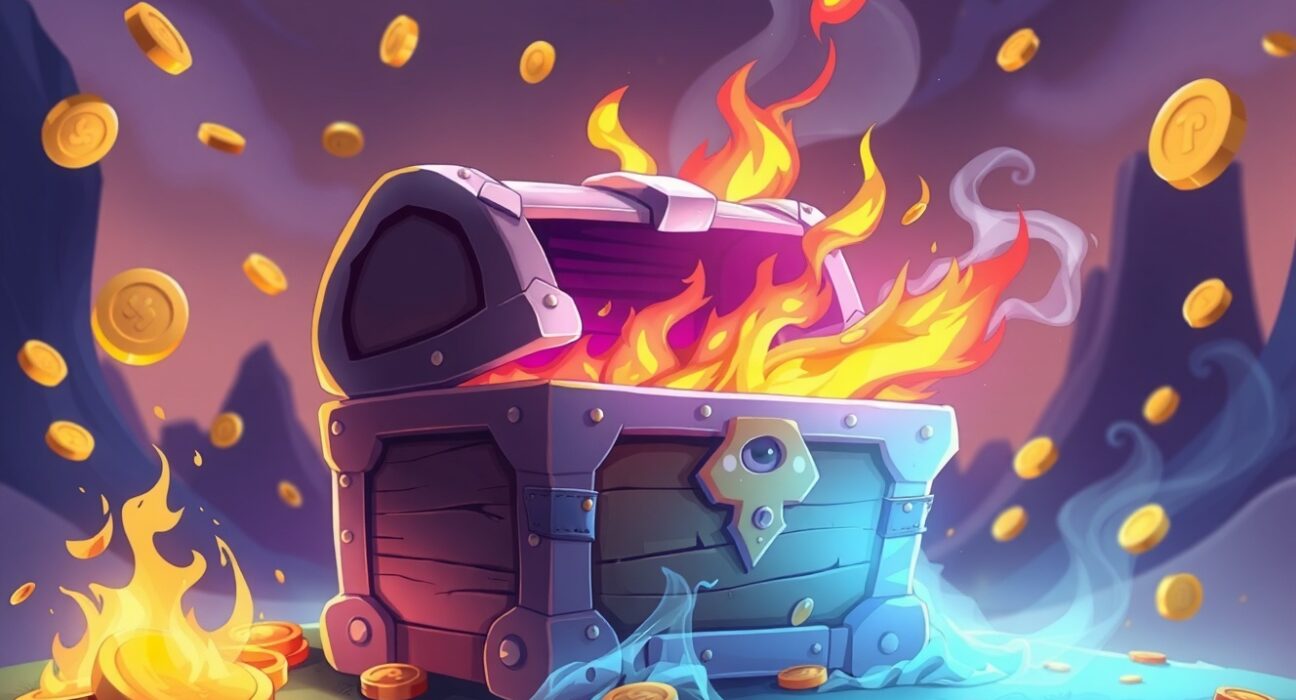 Illustration of USDC burned in a fiery treasury scene symbolizing supply reduction