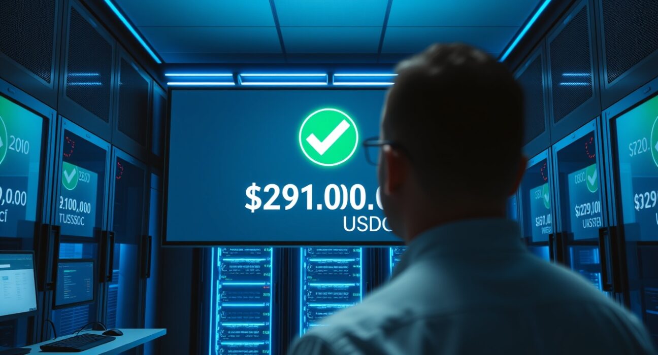 Digital screen in a financial control room showing a $291 million USDC transaction confirmation.