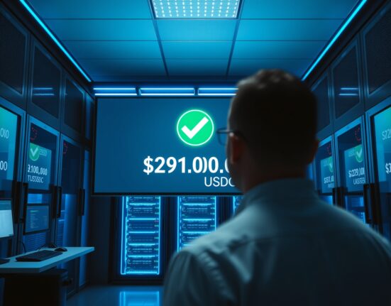 Digital screen in a financial control room showing a $291 million USDC transaction confirmation.