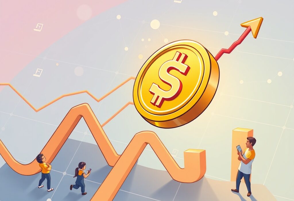 A cartoon depicting significant USDC growth transforming global financial systems, showing increasing market adoption.