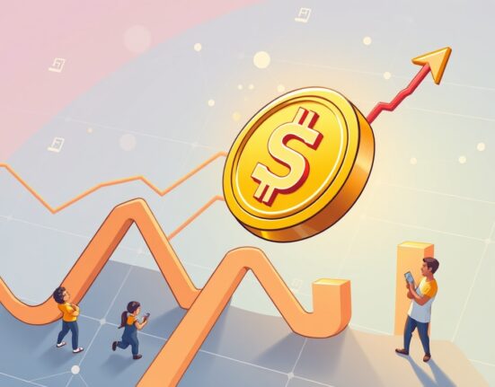 A cartoon depicting significant USDC growth transforming global financial systems, showing increasing market adoption.