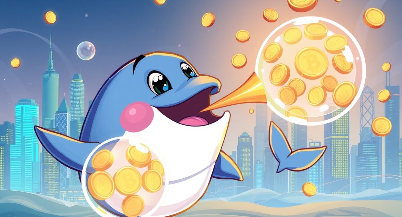 USDC minted represented by whale blowing digital coin bubbles in vibrant crypto economy