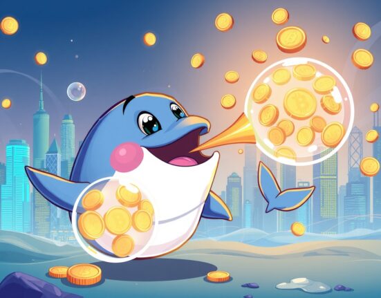 USDC minted represented by whale blowing digital coin bubbles in vibrant crypto economy