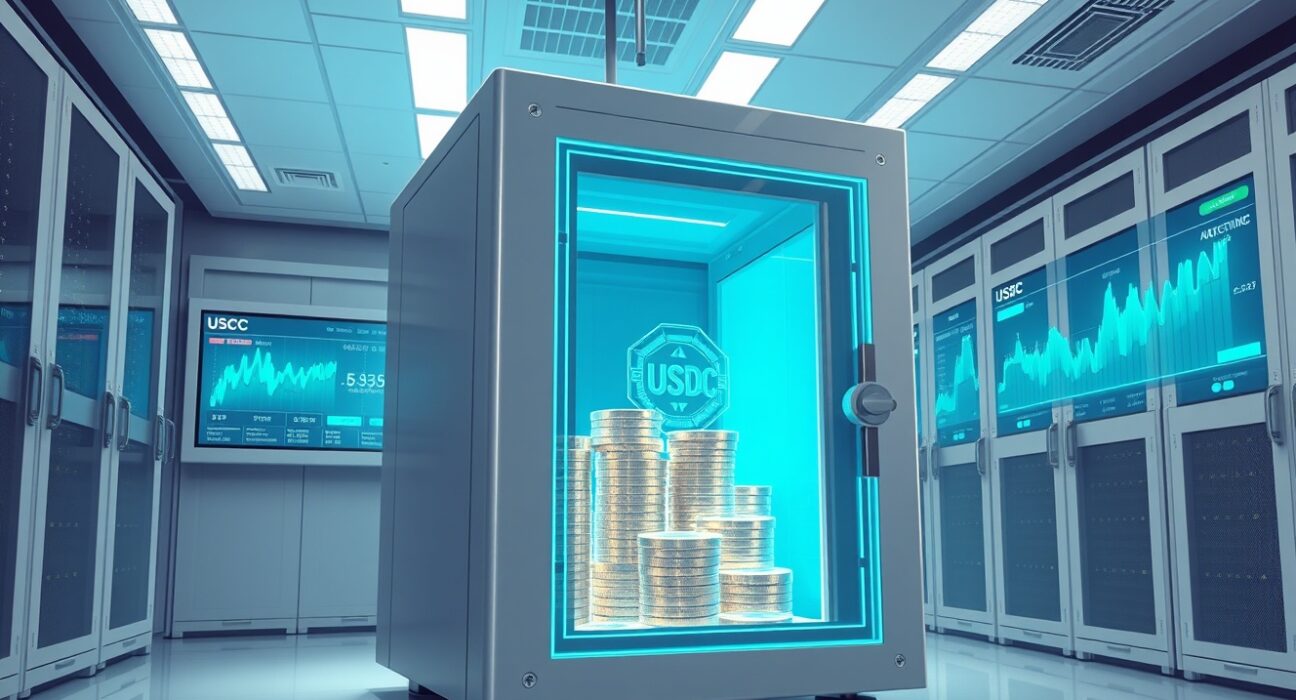 Digital vault representing the USDC Treasury minting 250 million in stablecoins for cryptocurrency markets.