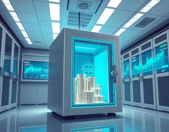 Digital vault representing the USDC Treasury minting 250 million in stablecoins for cryptocurrency markets.