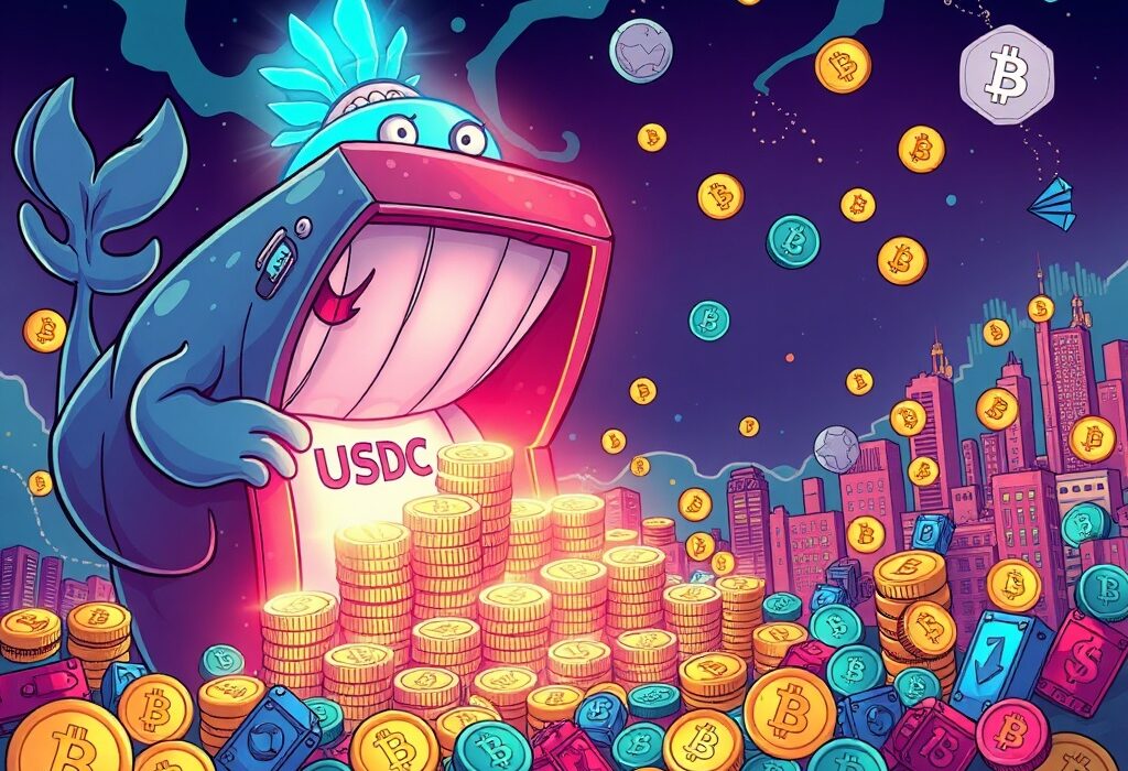 A cartoon illustration of a digital whale minting new USDC minted stablecoins, symbolizing a significant increase in crypto market liquidity.