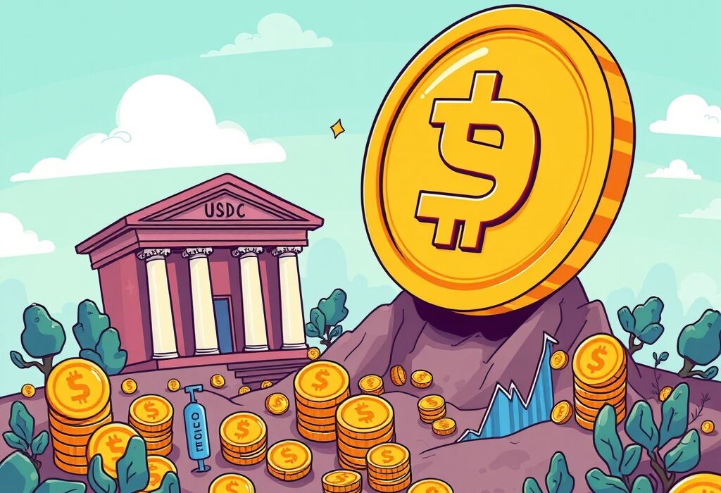Cartoon illustrating 250 million USDC minted from a digital treasury, symbolizing a significant stablecoin market event.