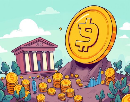 Cartoon illustrating 250 million USDC minted from a digital treasury, symbolizing a significant stablecoin market event.