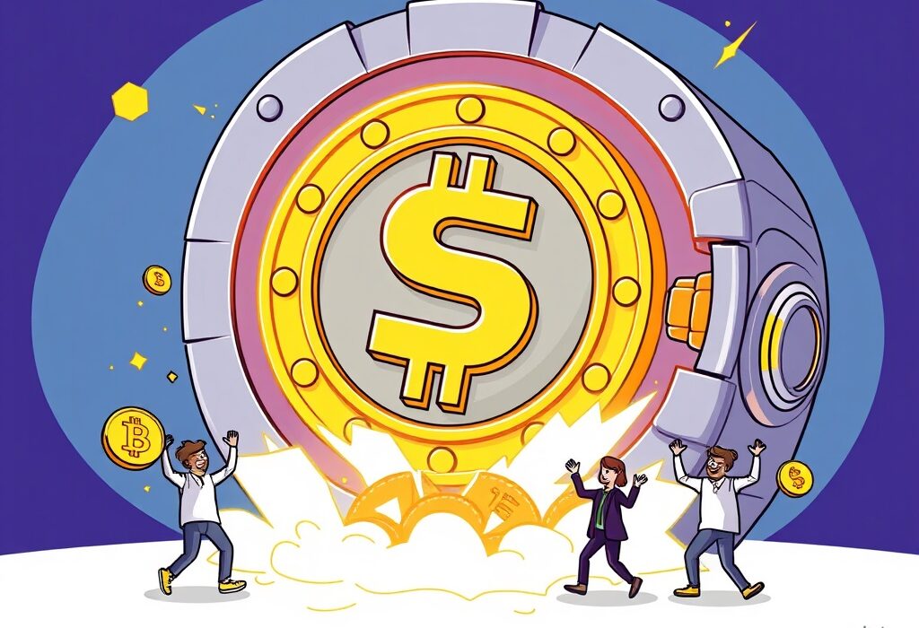 Cartoon illustration showing a large USDC minted coin emerging from a treasury, symbolizing the 250 million USDC minted and its impact on the crypto market.