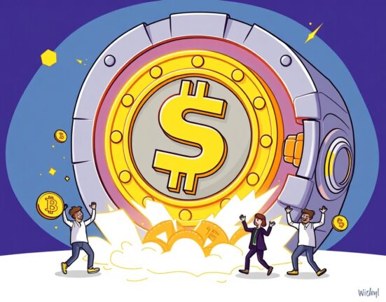 Cartoon illustration showing a large USDC minted coin emerging from a treasury, symbolizing the 250 million USDC minted and its impact on the crypto market.