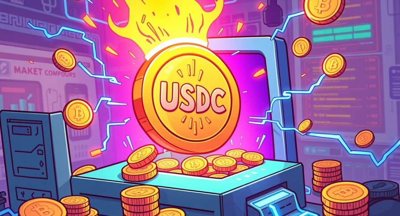 A cartoon illustration showing a large amount of USDC minted, symbolizing increased stablecoin liquidity in the crypto market.