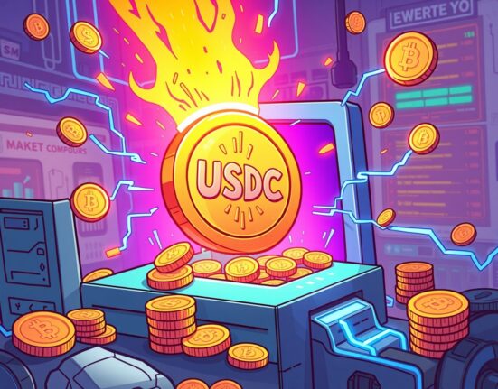 A cartoon illustration showing a large amount of USDC minted, symbolizing increased stablecoin liquidity in the crypto market.