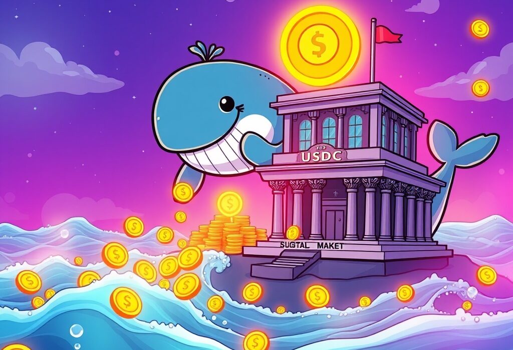 A cartoon whale observing a significant 250 million USDC minted, symbolizing increased crypto liquidity and market activity.