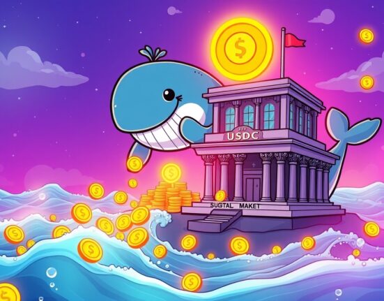 A cartoon whale observing a significant 250 million USDC minted, symbolizing increased crypto liquidity and market activity.