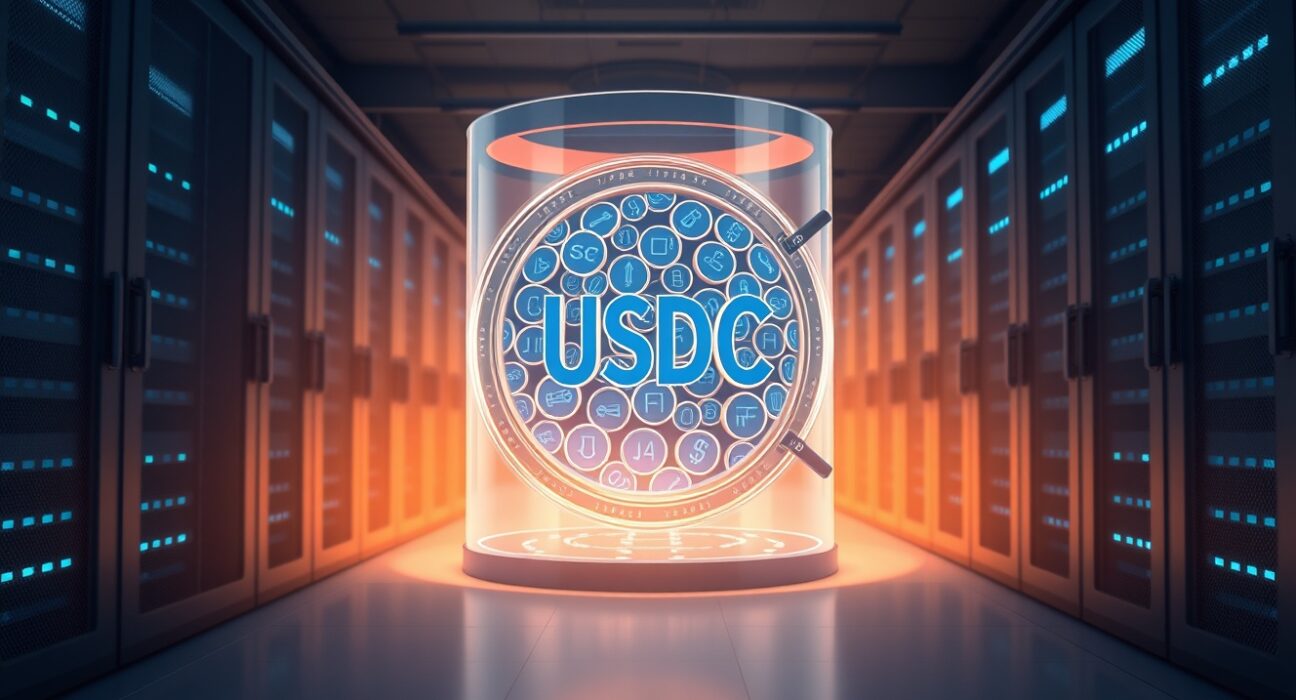 Digital representation of 250 million USDC being minted in a secure treasury vault, symbolizing a major stablecoin liquidity event.